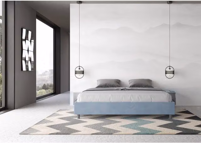 Letto imbottito Matrimoniale 190x190 cm Azelia - Contenitore,Microfibra,Azzurro