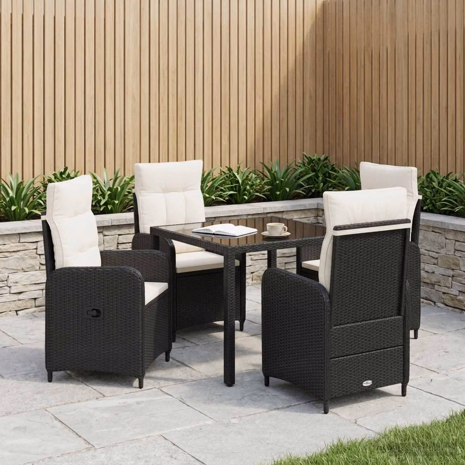 Set da pranzo per esterni vidaXL in polyrattan da 5 pezzi, colore nero e bianco crema con tavolo in vetro