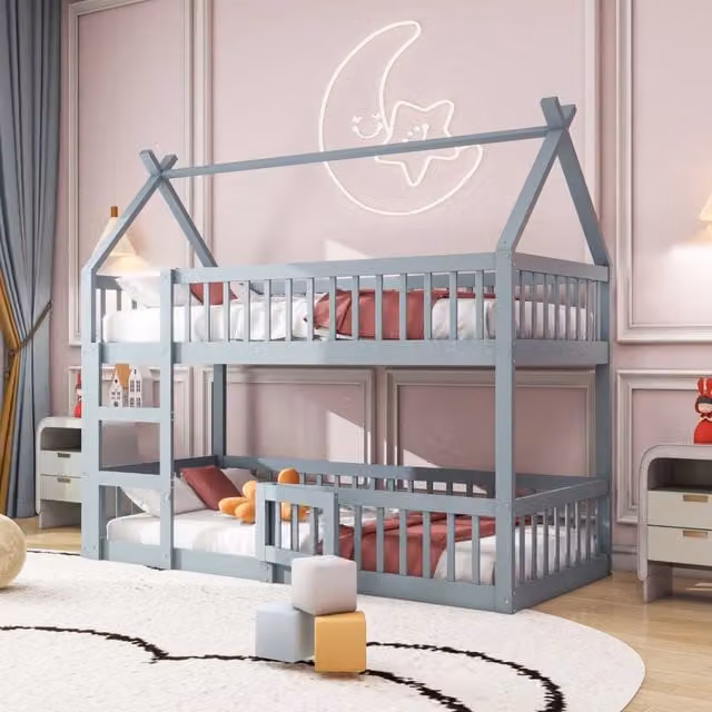 Letto a castello per bambini 90x200 cm grigio in legno massello, design alto-basso con scala e zona inferiore a famiglia, senza materasso