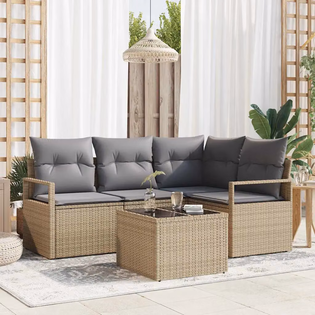 Set di divani da giardino vidaXL a forma di L in polyrattan beige con cuscini e tavolino da caffè
