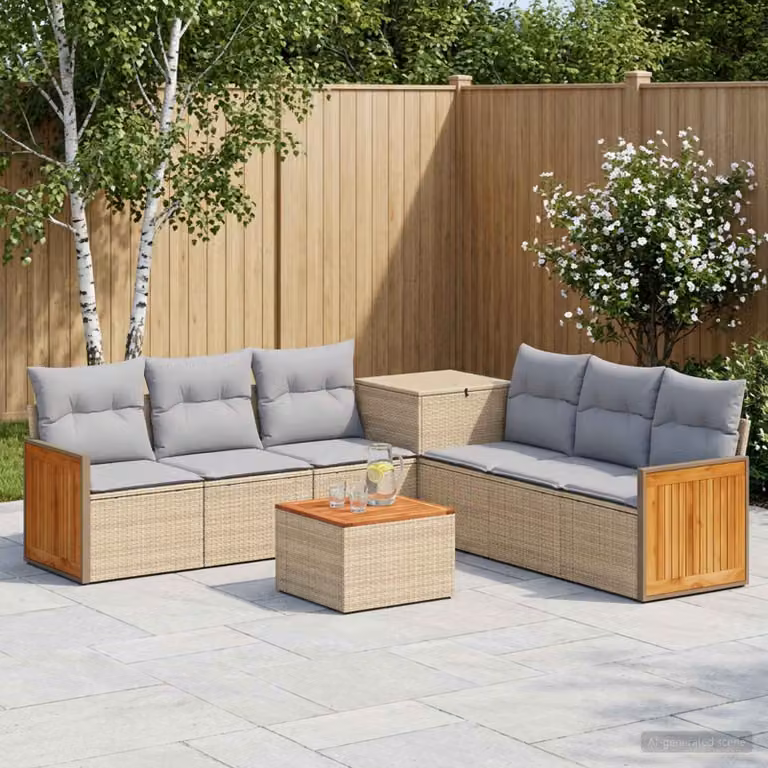 Set di divani da giardino vidaXL in polyrattan 8 pz con tavolino e cuscini, design moderno a L, colori beige e grigio