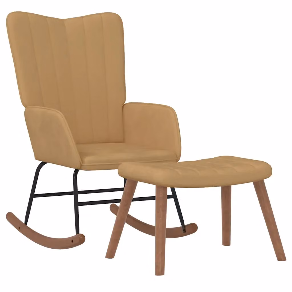 Poltrona a dondolo relax con poggiapiedi in velluto marrone e struttura moderna – 2
