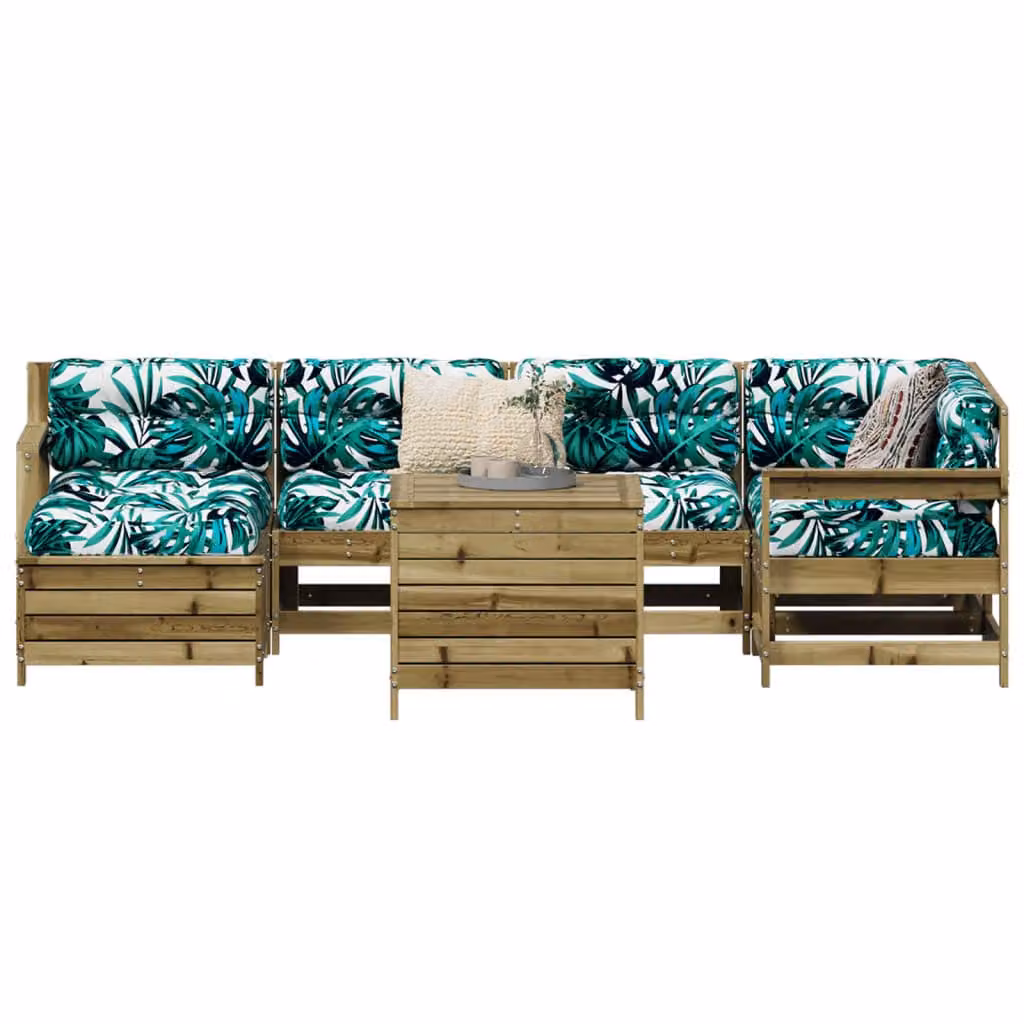 Set di divani da giardino vidaXL in legno di pino trattato da 7 pezzi con cuscini inclusi, colore marrone e verde, stile rustico per esterno