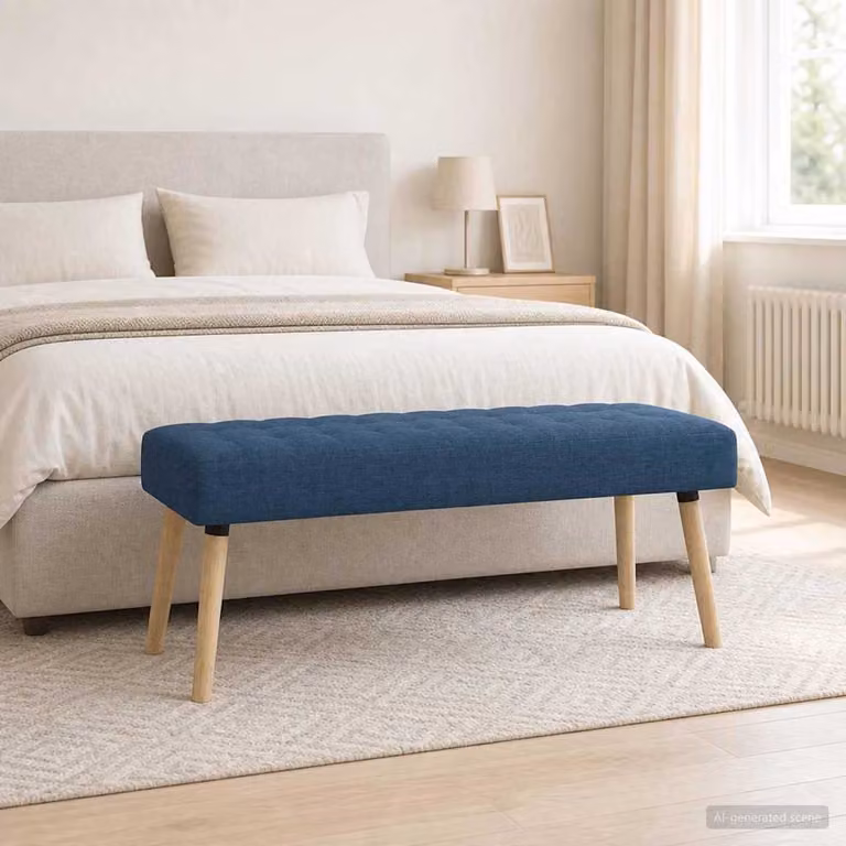 Panchina trapuntata a canale vidaXL in tessuto blu con struttura in legno di gomma L: 110 cm, P: 40 cm, H: 46 cm