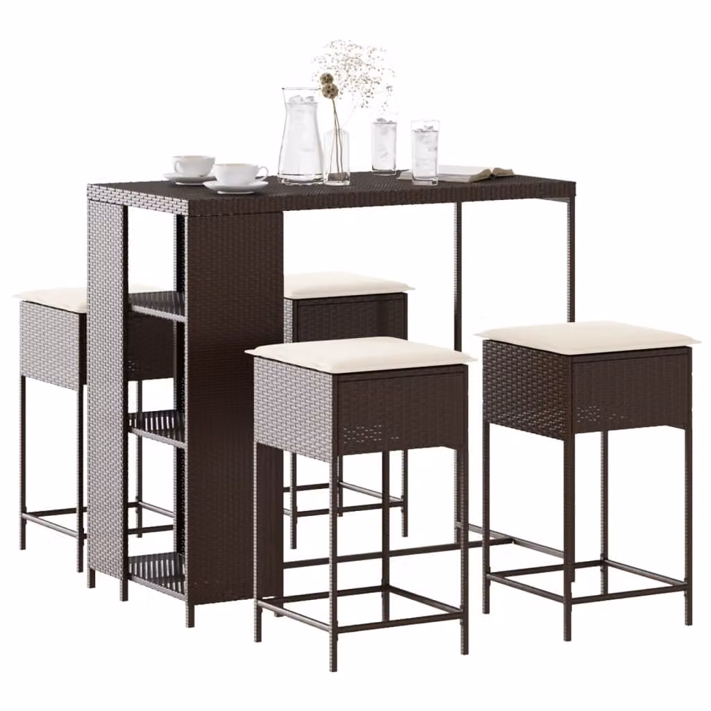 vidaXL Set Bar da Giardino 5 pz in Polyrattan Marrone con Cuscini Beige