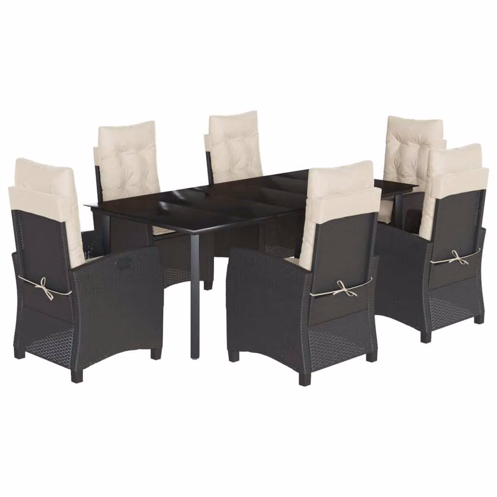 Set da Pranzo da Giardino 7 pz Nero con Cuscini in Polyrattan