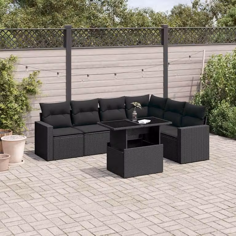 vidaXL Set Divani da Giardino a L con Cuscini 7pz Nero in Polyrattan e Acciaio