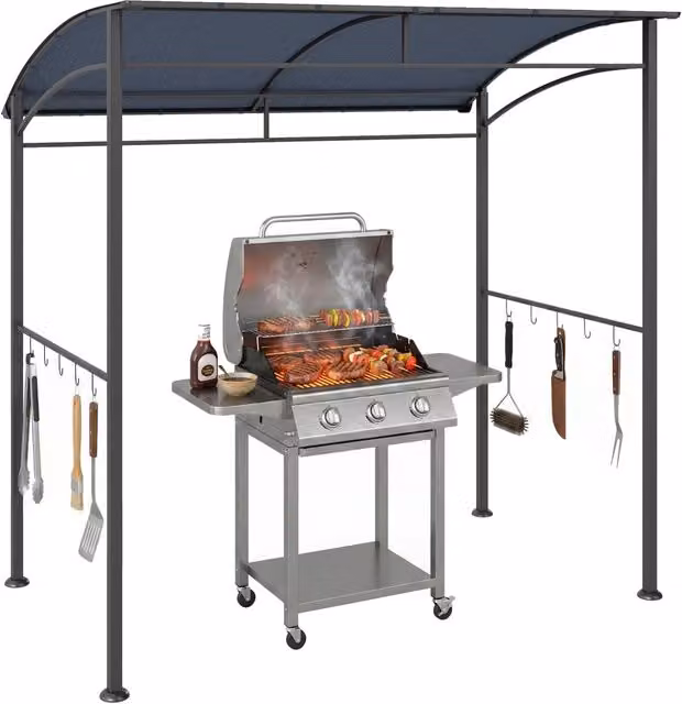 Gazebo per barbecue da giardino con ganci per utensili, struttura in acciaio grigio resistente, 215 x 150 x 174/220 cm