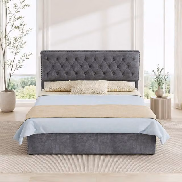 Letto matrimoniale 140x200 cm in tessuto grigio con testiera alta e spazio contenitore sottoletto