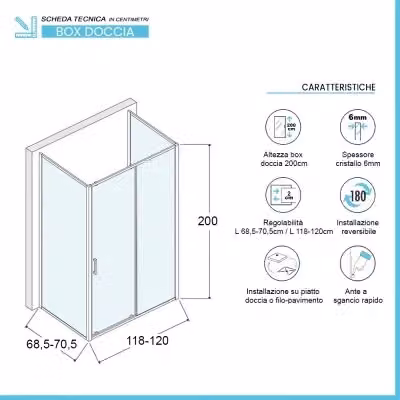 Box doccia rettangolare Ted con porta scorrevole serigrafata in vetro trasparente L: 120 cm, P: 70 cm, H: 200 cm – 2