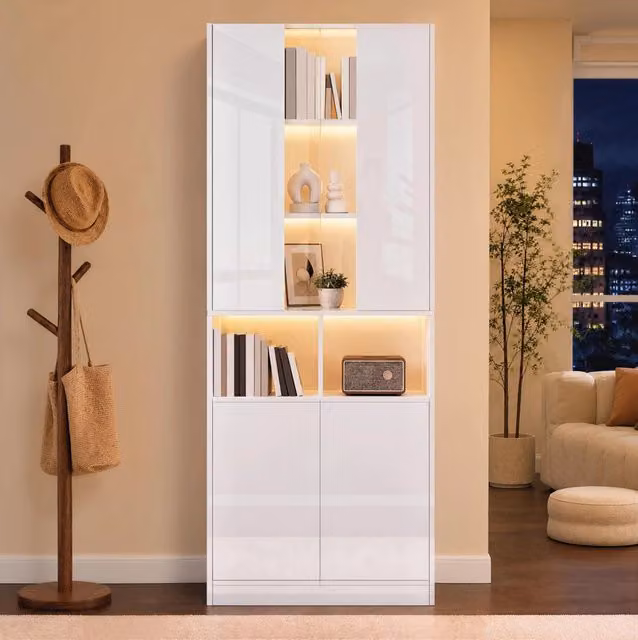 Mobile alto ULEVR 70x35x180 cm con LED controllabili tramite app, 4 ante e ripiano regolabile, bianco