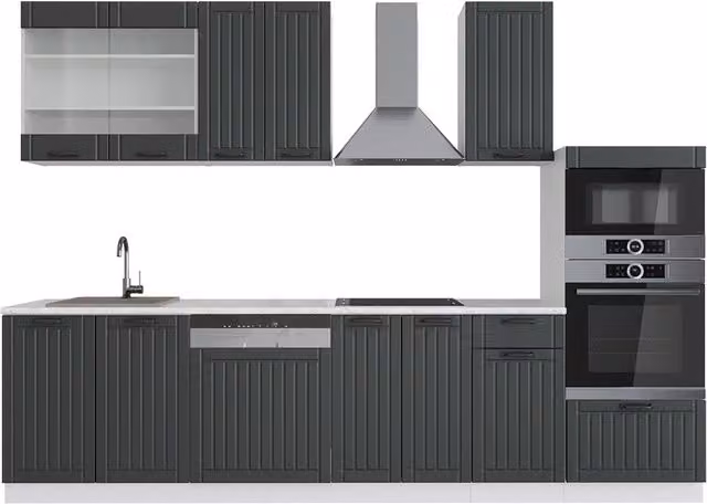 Cucina componibile Vicco Fame-Line in stile rustico, colore antracite e bianco, L: 300 cm, con armadio alto e piano in marmo – 1