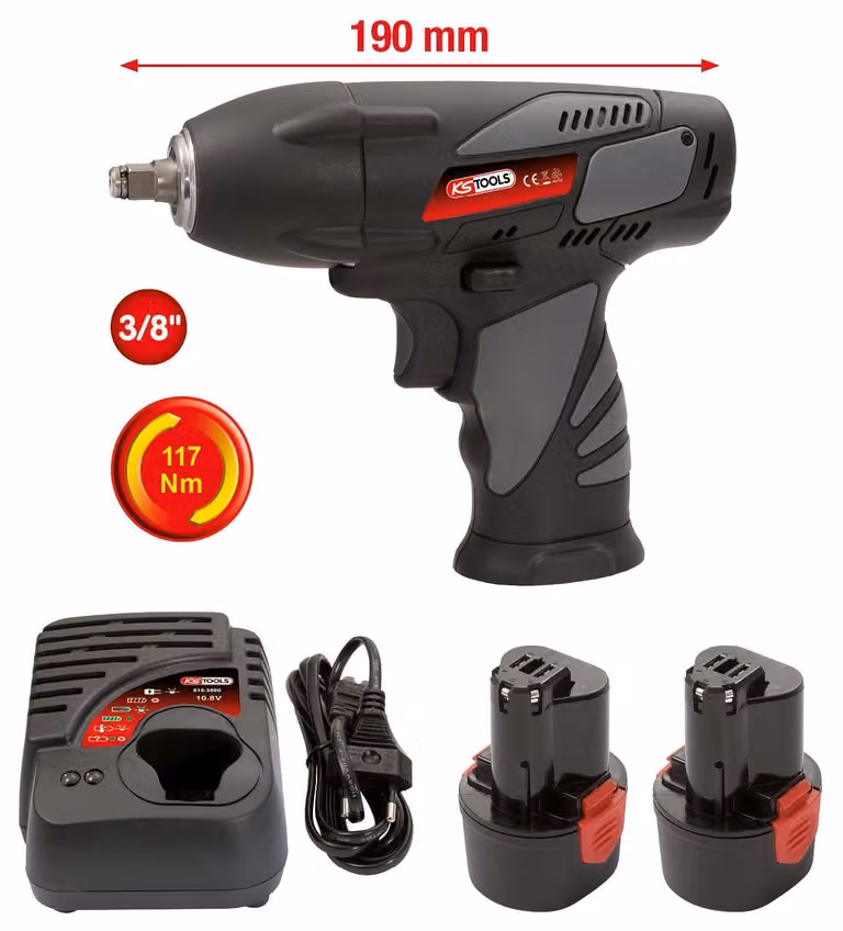 KS TOOLS Avvitatore a impulsi a batteria da 3/8" 117Nm 1.870 giri/min. con 2 batterie e 1 caricatore - 515.3516