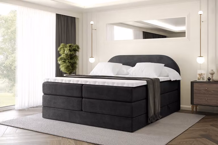 Letto boxspring ALTDECOR con materasso e rete a doghe, topper, letto imbottito con contenitore, letto con spazio contenitivo per materassi H3 e H4, letto matrimoniale, letto boxspring -NOX KING- 160x200 - Nero Casablanca