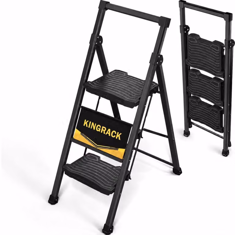 Scala a tre gradini pieghevole con corrimano, portata massima 400 kg, colore nero