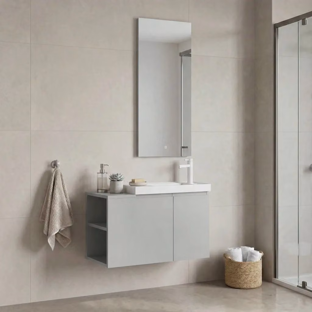 Set mobile lavabo con specchio Ferla 80 di HANAH HOME, colore Cashmere opaco, L 80 cm x P 22 cm x H 45 cm – 2