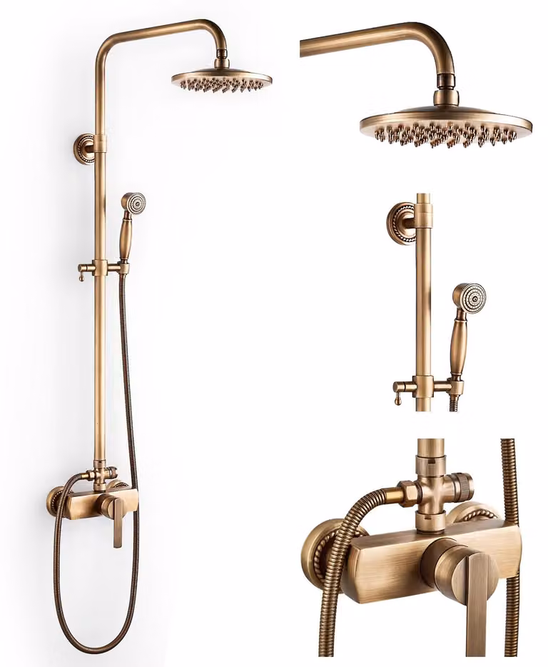 Set doccia in ottone anticato, soffione da 8 pollici, altezza regolabile da 70 a 120 cm