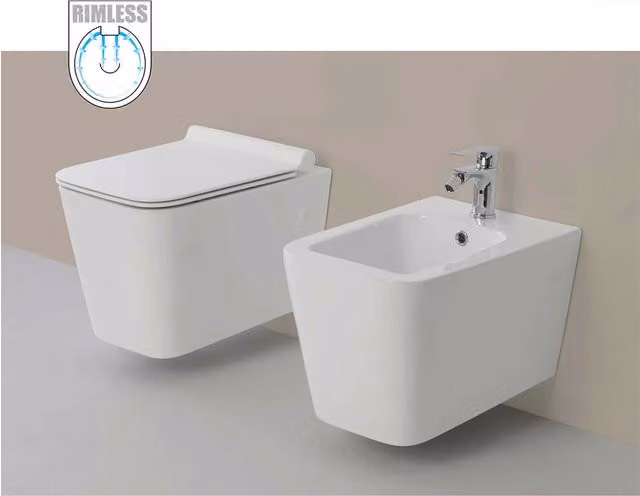 Vaso WC Rimless e Bidet Sospeso Filo Muro Linea Q Squadrato senza Brida Formato: Bidet