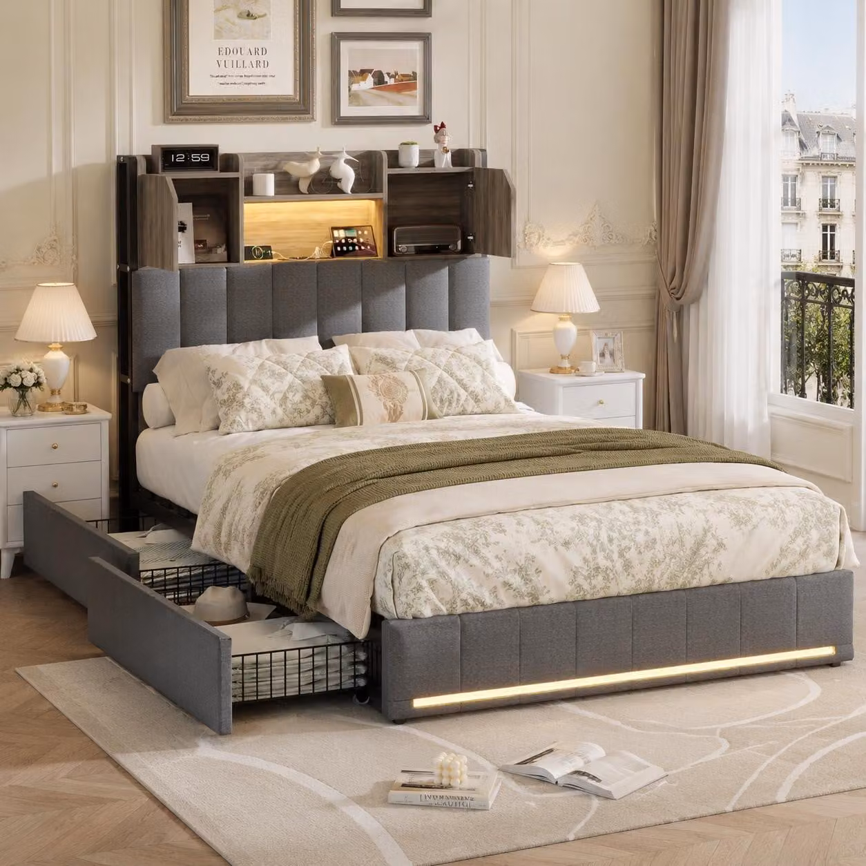Letto imbottito INONEFT, 90 x 200 cm, letto per bambini con USB e 2 cassetti, letto singolo con LED e rete a doghe, letto per ragazzi, tessuto in lino, colore grigio, senza materasso