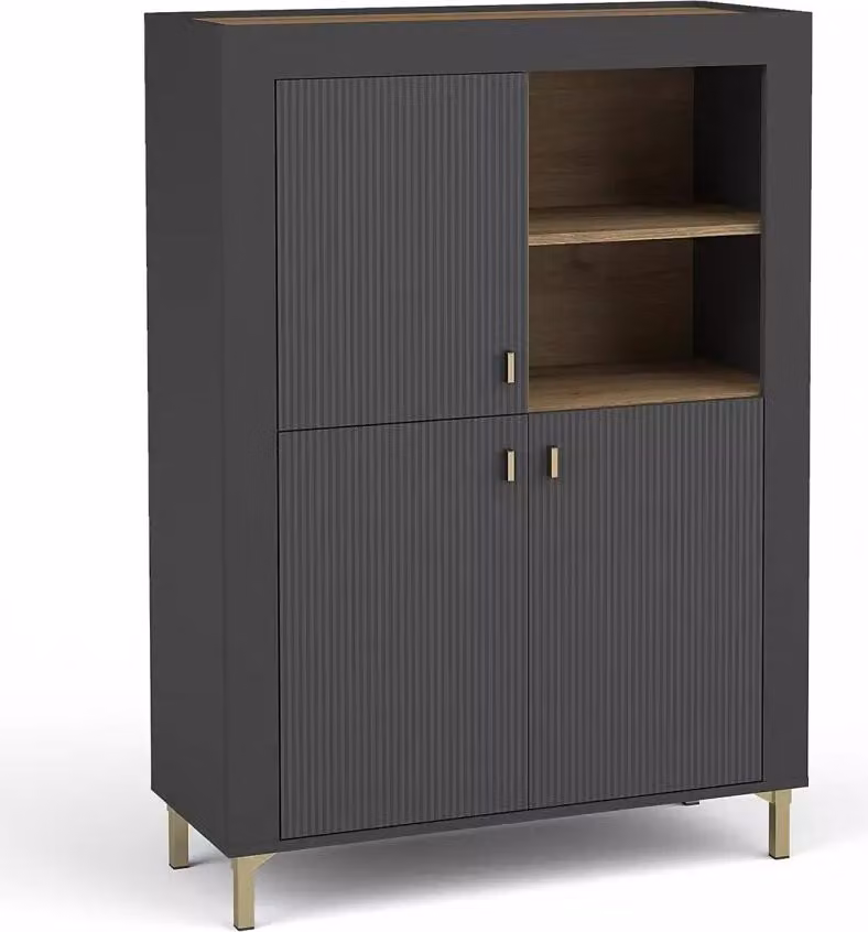 Cassettiera stretta con ante AUROVA - rovere nero / whisky