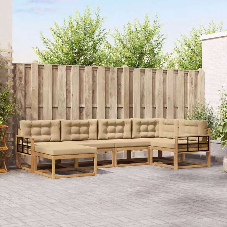 Set di divani da esterno vidaXL a forma di L con pouf, in legno di acacia e tessuto bianco e beige