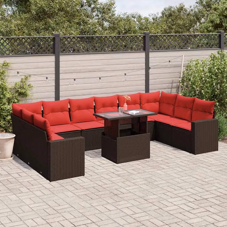 Set Divani da Giardino vidaXL 11 Pezzi con Cuscini e Tavolino, Design Moderno a L in Polyrattan Marrone e Rosso con Struttura in Acciaio