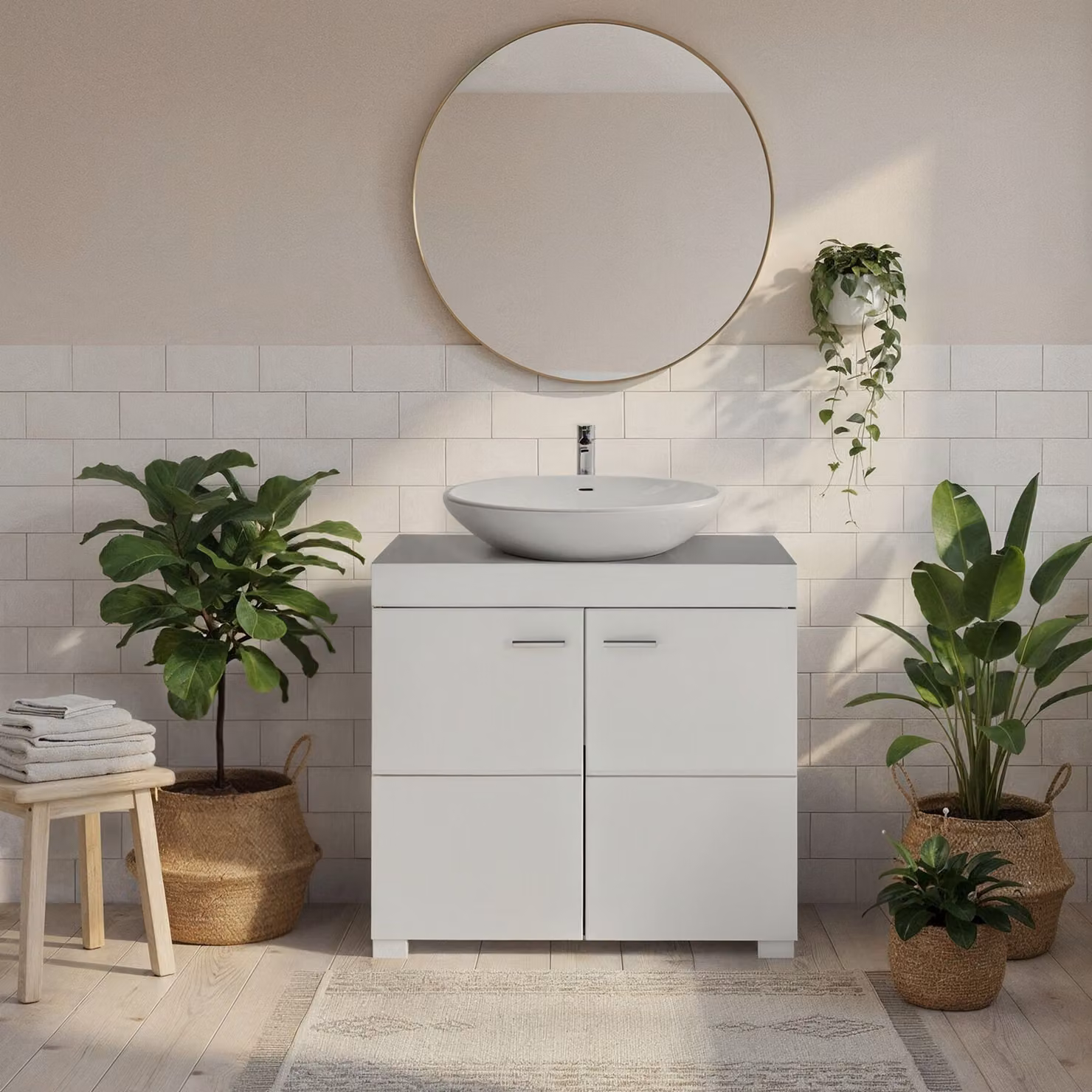 Mobiletto da bagno Tectake Idris con ante a battente e ripiani interni, bianco opaco – 3