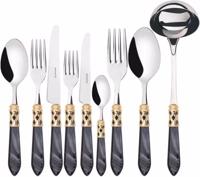 Set di posate Aladdin da 75 pezzi in acciaio inossidabile con ghiera dorata e scatola in legno Wengè, colore nero, argento e oro