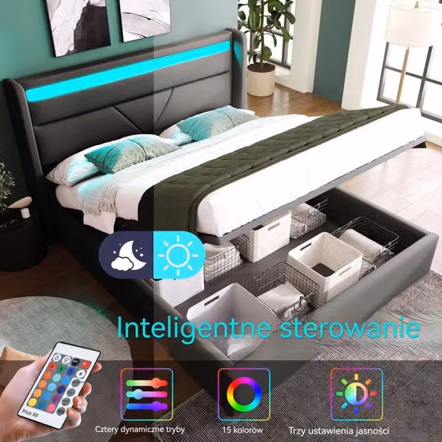 Letto 140x200 LED con testiera comoda - Xylo - Grigio con testiera comoda e sistema di sollevamento idraulico