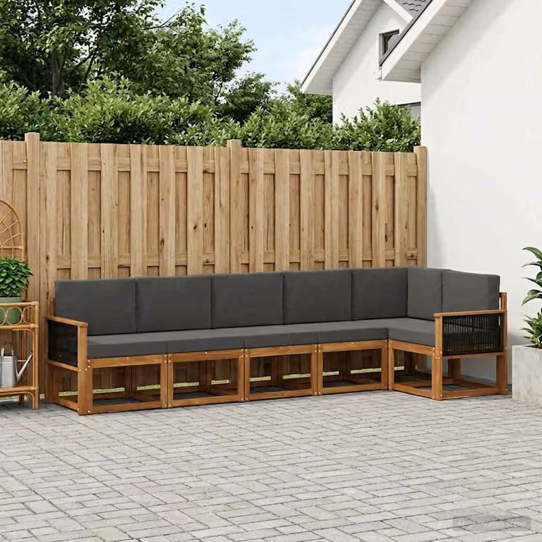 Set di divani da esterno a L vidaXL in legno di acacia con cuscini, 6 pezzi, Beige, Antracite e Marrone