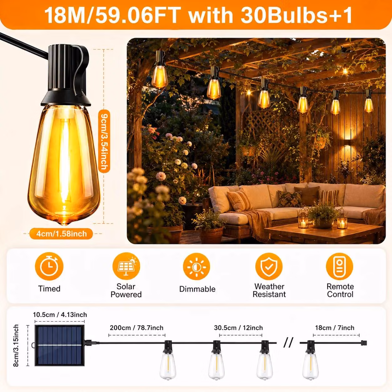 Catena luminosa solare - Catena luminosa a LED per esterni - 18 metri - 30 LED - Intensità regolabile - Grado di protezione IP44 - Resistente all'acqua
