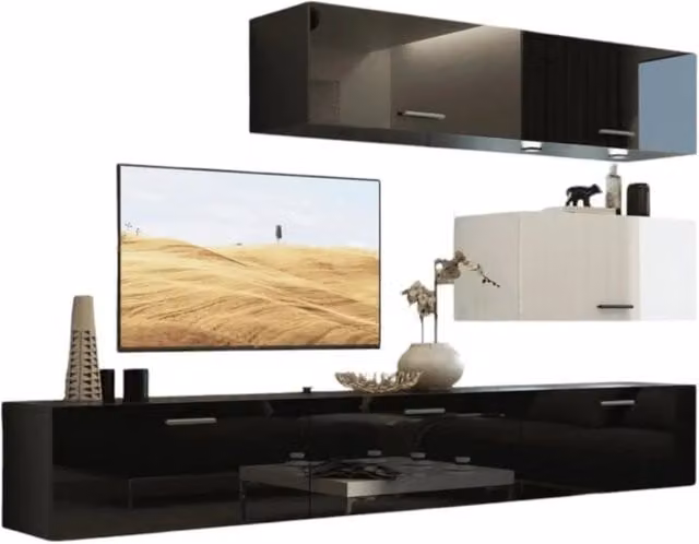 Set di mobili da soggiorno nero e bianco, sospesi collezione CEPTO XXV. 249cm, 6 mobili, led, modulari.