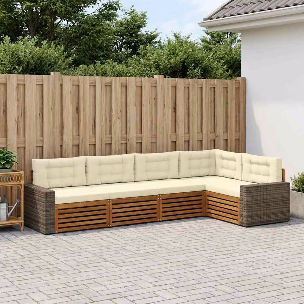 Set di divani da esterno vidaXL 5 pz a forma di L in legno di acacia con cuscini beige e bianco in poliestere resistente ai raggi UV