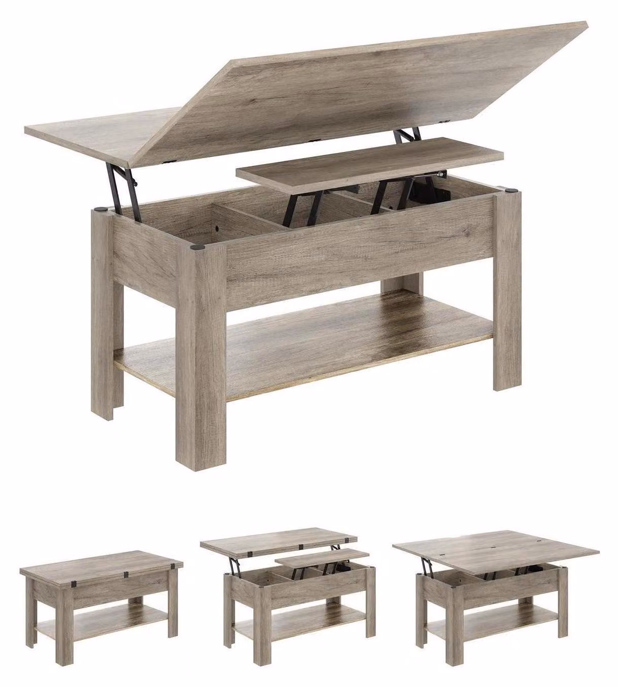 Tavolino da caffè regolabile in altezza, 3-in-1, grigio, in MDF e metallo