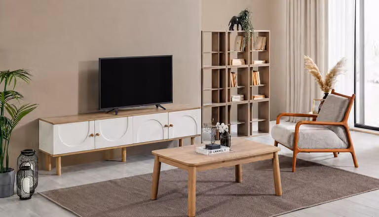 Mobile TV basso in stile scandinavo e tavolino da salotto dal design moderno in legno