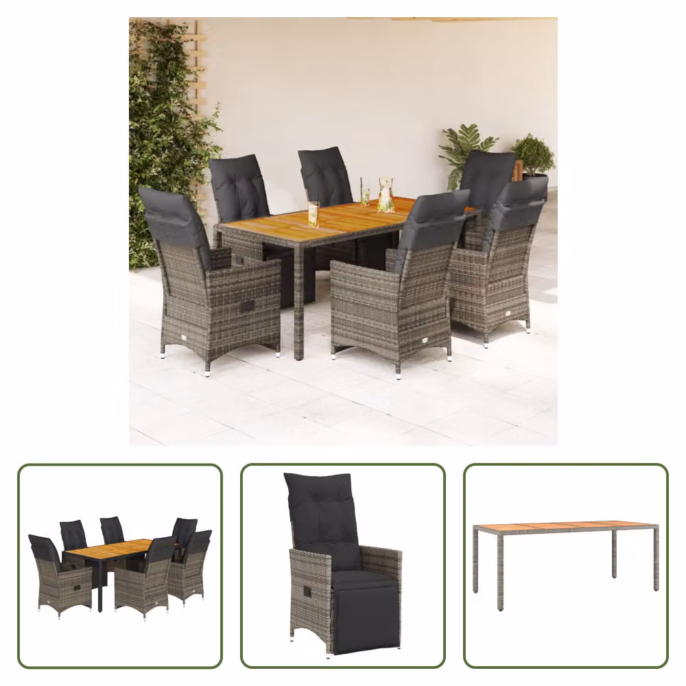 The Living Store Set bistrot da giardino 7 pezzi con cuscini in poly rattan grigio