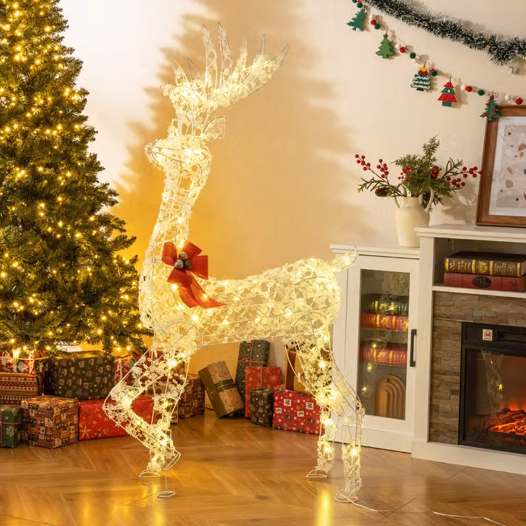Costway Renna di natale illuminata decorazione natalizia per interni/esterni per casa, Cerbiatto 3d luminoso in piedi con 100 luci led Bianco e rosso