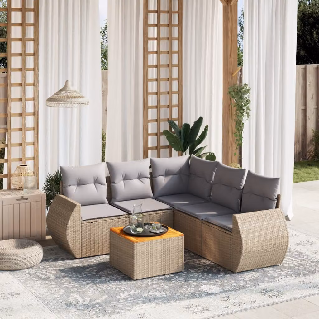 vidaXL Set Divano da Giardino a L in Polyrattan 6 pz con Cuscini Beige e Tavolino da Esterno – 1
