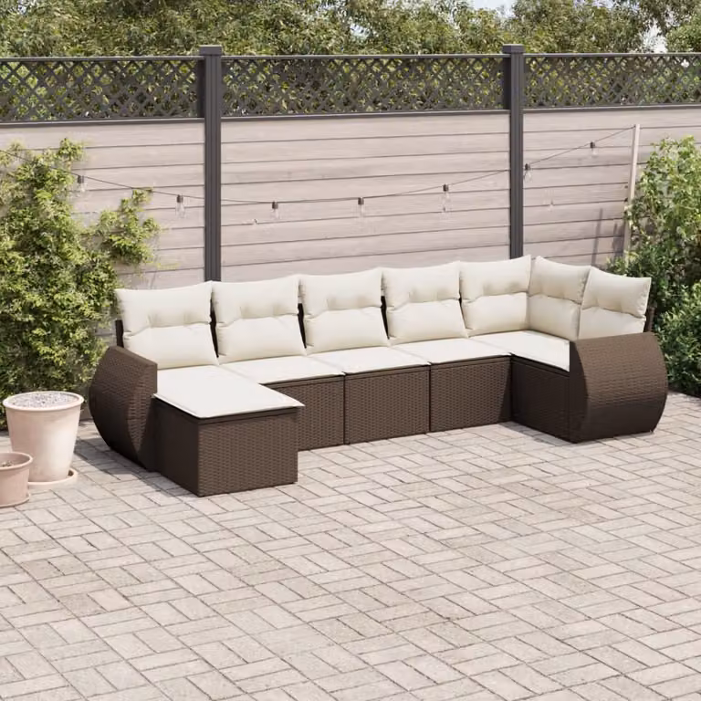 Set di divani da giardino vidaXL in 7 pezzi in polyrattan marrone con cuscini bianchi e imbottitura rimovibile