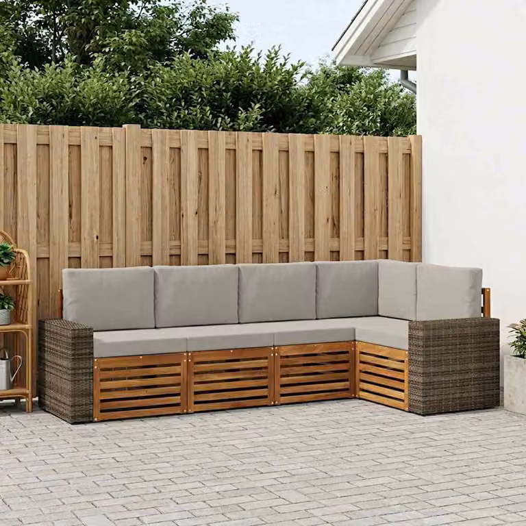 Set di divani da esterno vidaXL 5 pz a forma di L in legno di acacia con cuscini beige e grigio chiaro