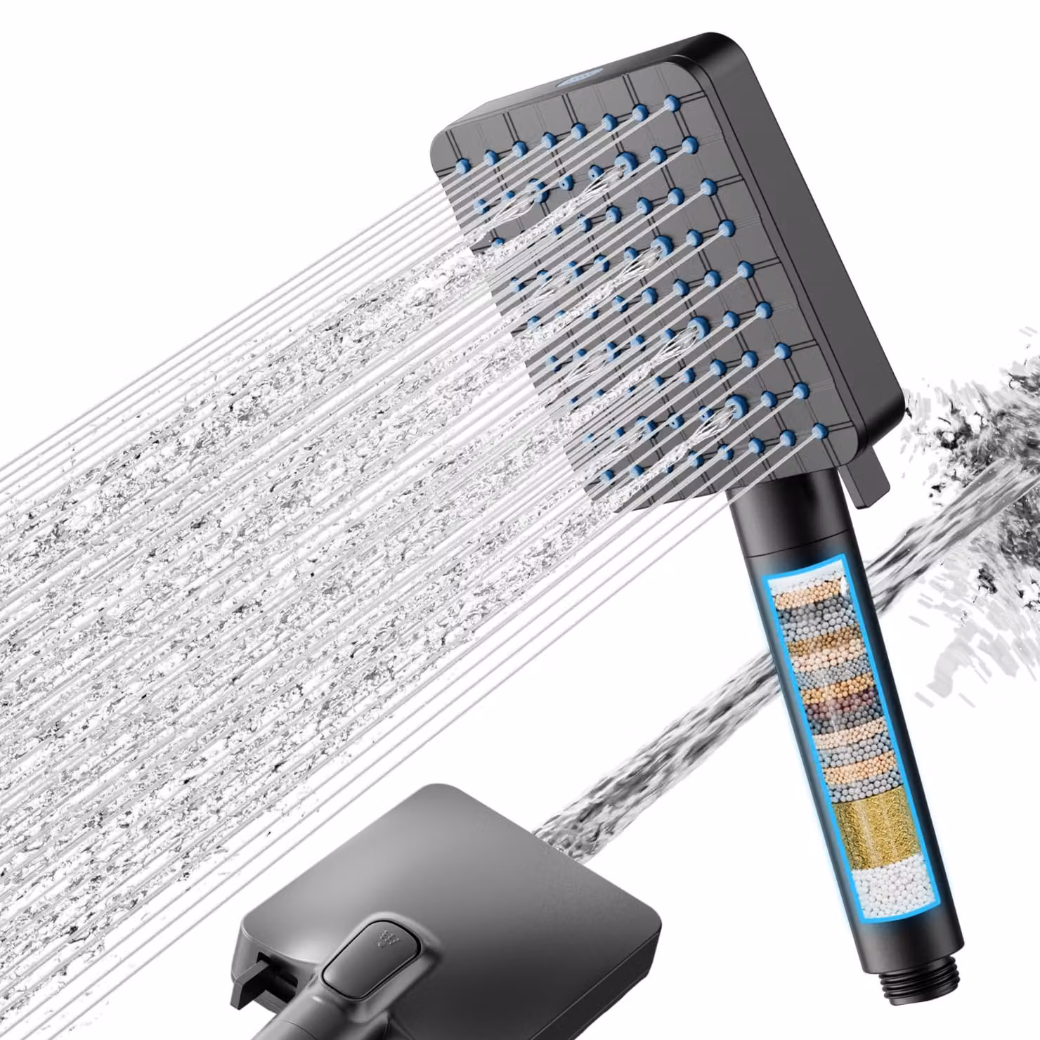 Doccia a mano con filtro, filtrazione a 20 strati, 7 tipi di getto, colore nero, per l'uso in doccia