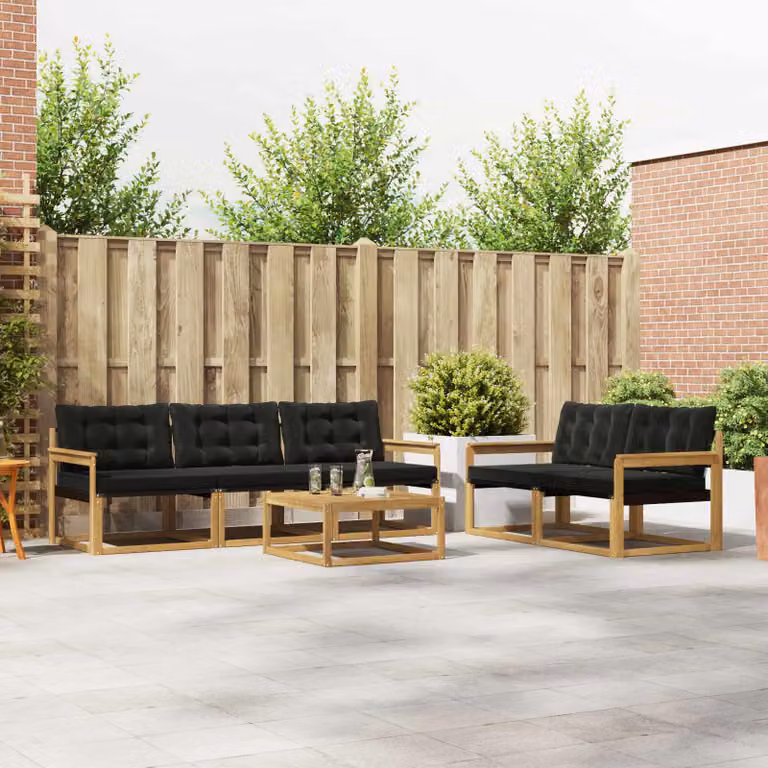 Set di divani da esterno vidaXL 6 pezzi in legno di acacia con tavolino e cuscini Bianco e Nero