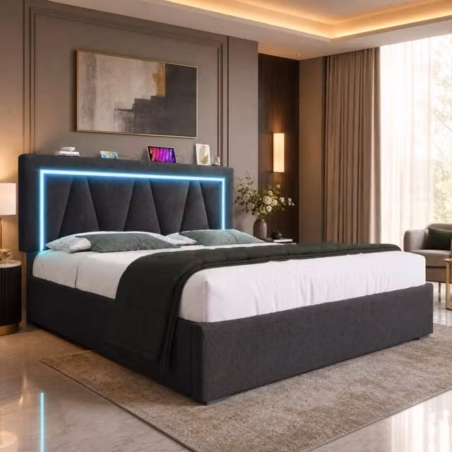 Letto imbottito 140x200 con LED; USB e Type-C; contenitore; con materasso; grigio