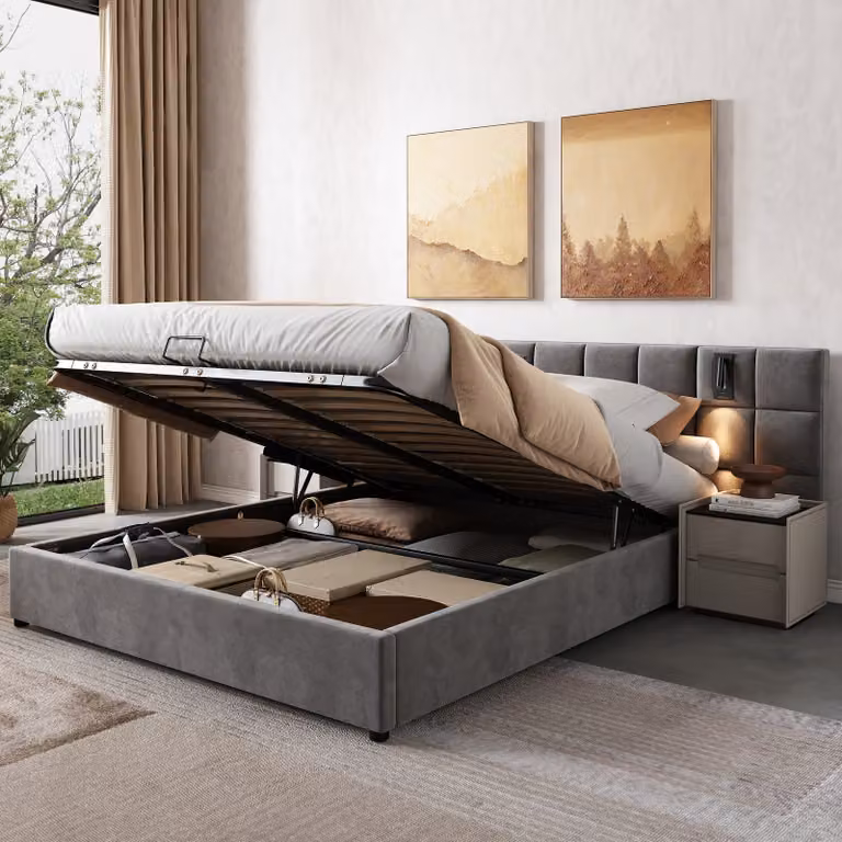 Letto Merax a molle idrauliche 180x200cm con luce di lettura e connessione USB, letto imbottito in velluto letto contenitore letto matrimoniale senza comodino