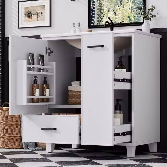 Mobile bagno WISHDOR moderno bianco con lavabo integrato, 2 cassetti e anta con ripiani interni, L: 76,5 cm, P: 47 cm, H: 82 cm