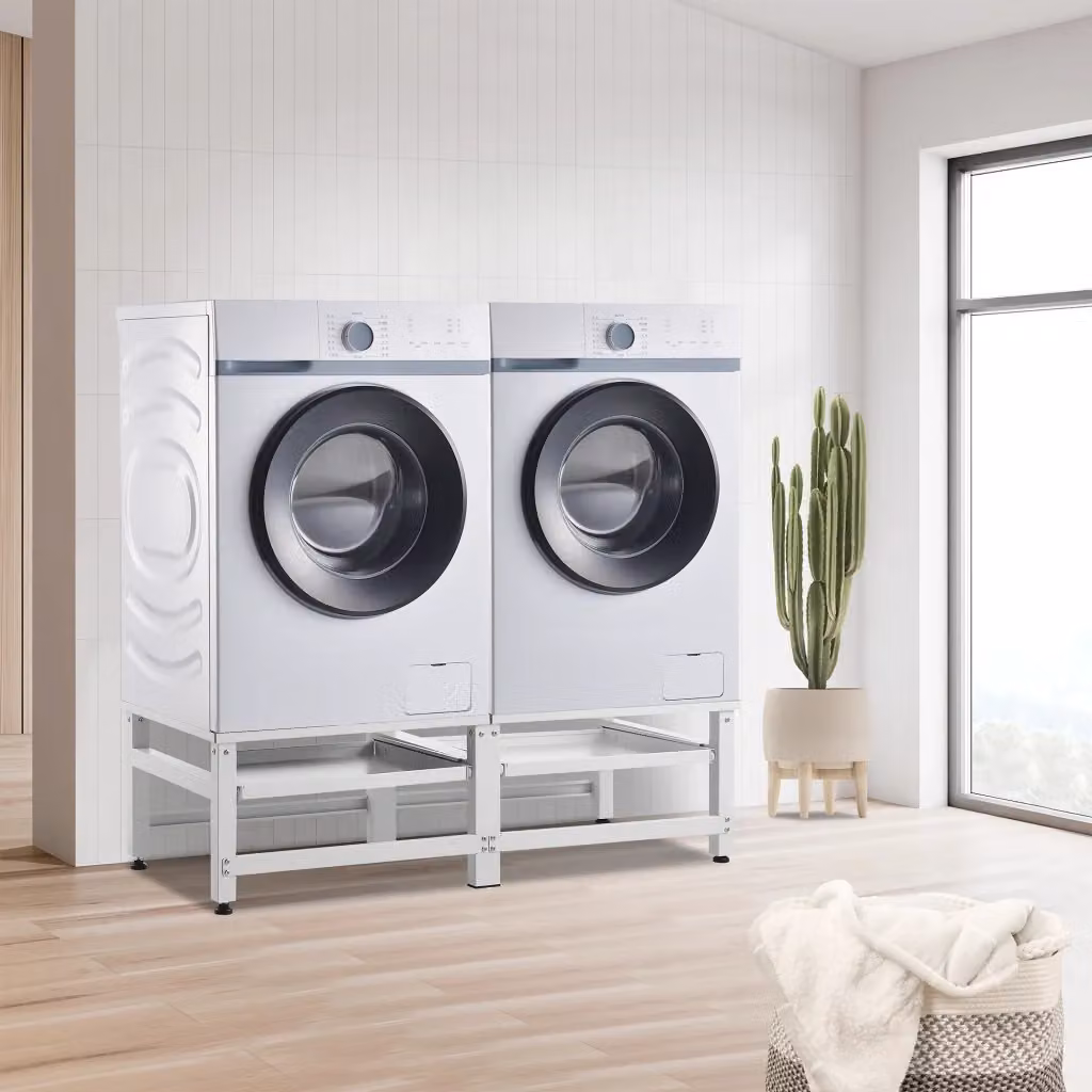 Supporto Doppio Bothel per Lavatrice en.casa in Acciaio con Ripiani Estraibili, Bianco, L: 124 cm, P: 54 cm, H: 37 cm – 2