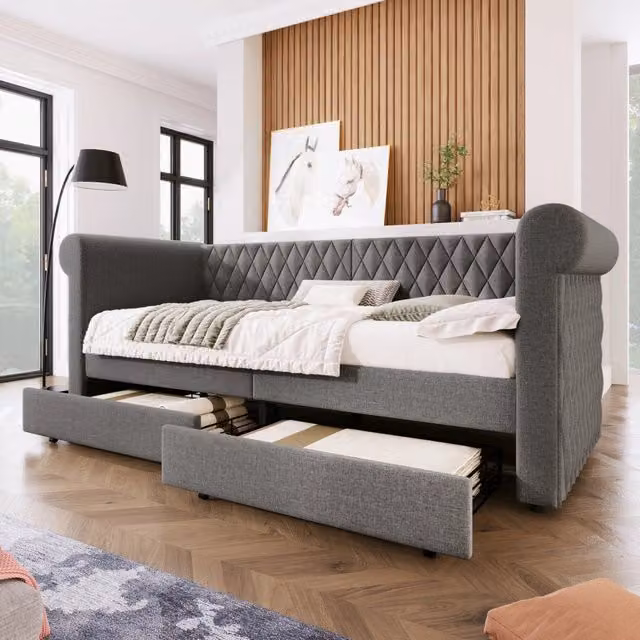 letto imbottito in lino grigio 90 x 200 cm