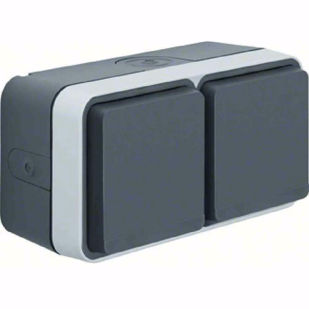 Berker 47753525 Presa di corrente con contatto di messa a terra, a 2 ingressi IP55, montaggio esterno grigio/grigio chiaro opaco W.1 con coperchio incernierato montaggio orizzontale