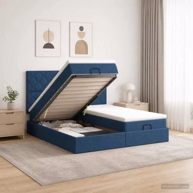 Letto ottomano con materasso con testiera 2 pz Blu Tessuto 3457875