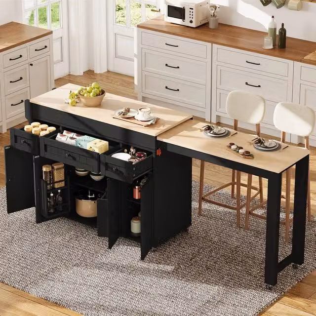 Isola da Cucina Mobile ¨C Minimal ¨C Nero con Cassetti e Scaffale, su Rotelle